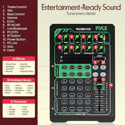 Pyle Pro Live Broadcast Sound Card | Rechargeable Mixer Kit w/ Condenser Mic | 8 Voice FX - 12 Presets | DSP Noise Reduction | Dual Mic Inputs | Solo Mode | Streaming, Podcasting, Gaming - PKSCRD308