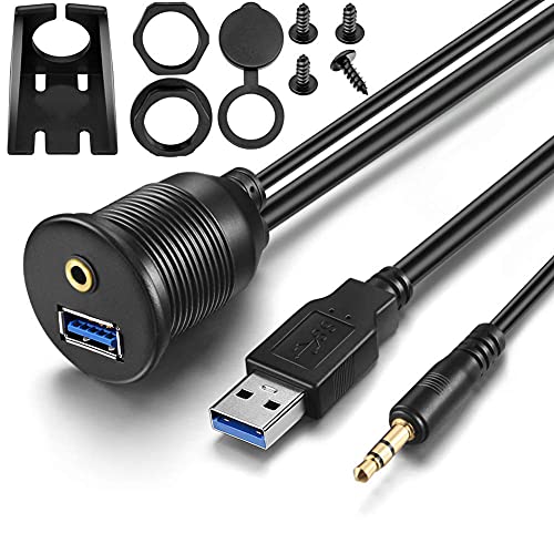 1M 3ft 3.5mm & USB 3.0 AUX Extension Mount Flush Cable | Dash & Panel Mount, For Car, For Boat, For Motorcycle - size: 3 feet
