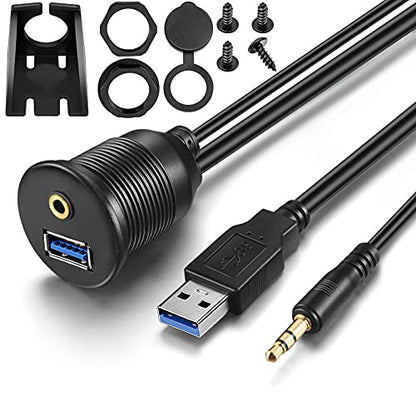 1M 3ft 3.5mm & USB 3.0 AUX Extension Mount Flush Cable | Dash & Panel Mount, For Car, For Boat, For Motorcycle - size: 3 feet