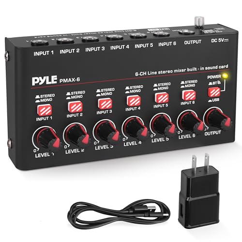 Pyle 6-Channel Bluetooth Mini Line Mixer with USB Audio Interface - 6 Mono/Stereo Switching Inputs | Ultra-low Noise Design with High Headroom | Built-in USB-C Sound Card - PMAX6 - size: 6 Channel