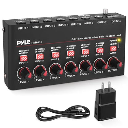 Pyle 6-Channel Bluetooth Mini Line Mixer with USB Audio Interface - 6 Mono/Stereo Switching Inputs | Ultra-low Noise Design with High Headroom | Built-in USB-C Sound Card - PMAX6 - size: 6 Channel