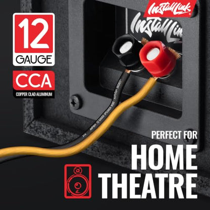 Install Link 12 AWG Gauge Speaker Wire (100 Feet) Car or Home Theater (CCA) | 12/2 Speaker Cable, 2-Conductor, Frosted Yellow/Black, Easy Strip, Polarity ID, for Car Audio & Home Stereo - color: Frosted Yellow/Black