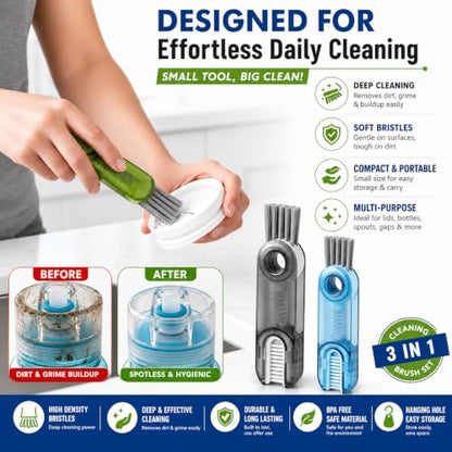 3-in-1 Cleaning Brush for Cups, Bottles & Keyboards, Multifunctional Detail Cleaning Tool for Lids, Gaps, Earbuds & Hard-to-Reach Areas, Compact Portable Cleaning Kit for Home, Office & Travel.