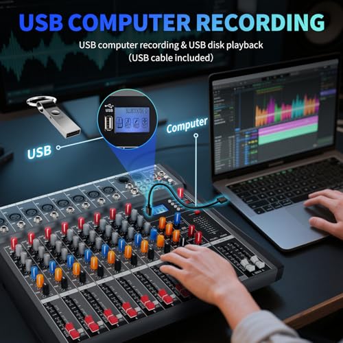 Depusheng Audio Mixer Professional 8 channel,DX8 Sound Board DJ Mixing Console System Interface USB MP3 Input Bluetooth 48V Phantom Power,Black, USB Audio Mixer for PC,for Studio Karaoke Live Music