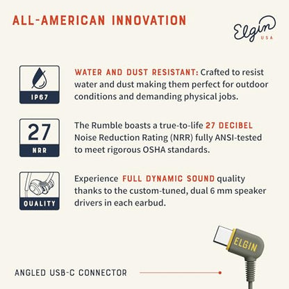 Elgin Rumble Wired Earplug Headphones, Waterproof Earbuds w/Mic | 27 dB NRR, Noise-Isolating Mic & in-Line Controller, OSHA Compliant, ANSI Certified, Kevlar Reinforced Cable, IP67, USB-C - style: USB-C