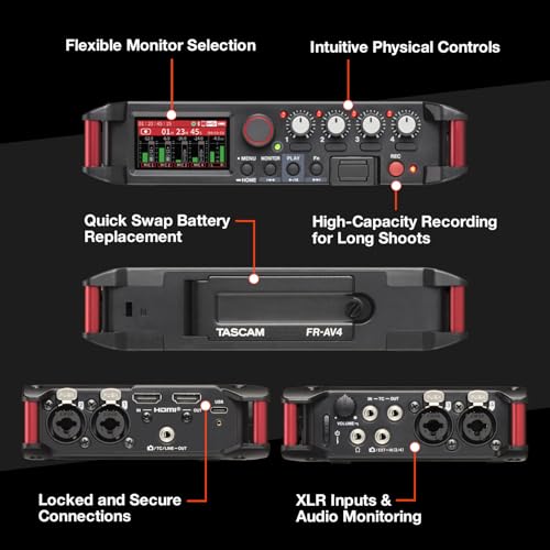TASCAM FR-AV4 4-Channel 32-Bit Float Field Recorder with Mixer for Camera Rigs, 4 XLR/TRS Inputs, Timecode Generator, HDMI Sync, 192kHz, USB-C Audio Interface