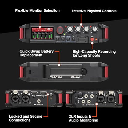 TASCAM FR-AV4 4-Channel 32-Bit Float Field Recorder with Mixer for Camera Rigs, 4 XLR/TRS Inputs, Timecode Generator, HDMI Sync, 192kHz, USB-C Audio Interface