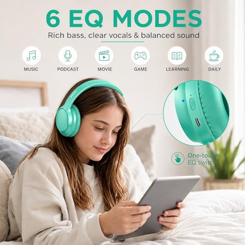 Bluetooth Headphones Wireless 68H with Mic,Decent Sound-Acceptable Cyan | Adjustable Headband Foldable Over-Ear Lightweight for Office/Travel/Tablet/iPad/Laptop,HD Stereo Sound,Aux 3.5mm,Green - color: Cyan