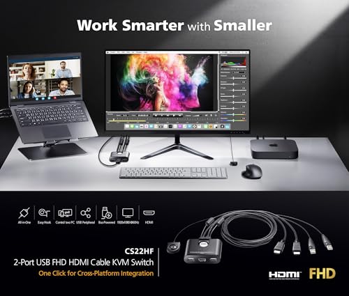 ATEN CS22HF 2-Port USB FHD HDMI KVM Switch Full HD 1080p, 2 Computers 1 Monitor, USB Peripherals, Easy Hook Design, Push-Button Remote, Plug-and-Play, Multi-Platform (Windows/Mac/Linux) - size: HDMI - 60Hz, style: US Version