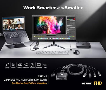 ATEN CS22HF 2-Port USB FHD HDMI KVM Switch Full HD 1080p, 2 Computers 1 Monitor, USB Peripherals, Easy Hook Design, Push-Button Remote, Plug-and-Play, Multi-Platform (Windows/Mac/Linux) - size: HDMI - 60Hz, style: US Version