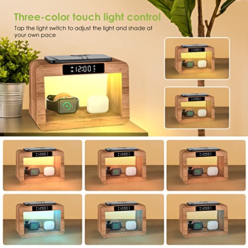 Bamboo Wireless Charging Station, Night Light with Digital Alarm Clock, Nightstand Charging Station for Apple Devices, Fast Wireless Charger for iPhone/Apple Watch/AirPods Pro