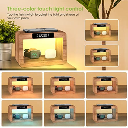 Bamboo Wireless Charging Station, Night Light with Digital Alarm Clock, Nightstand Charging Station for Apple Devices, Fast Wireless Charger for iPhone/Apple Watch/AirPods Pro