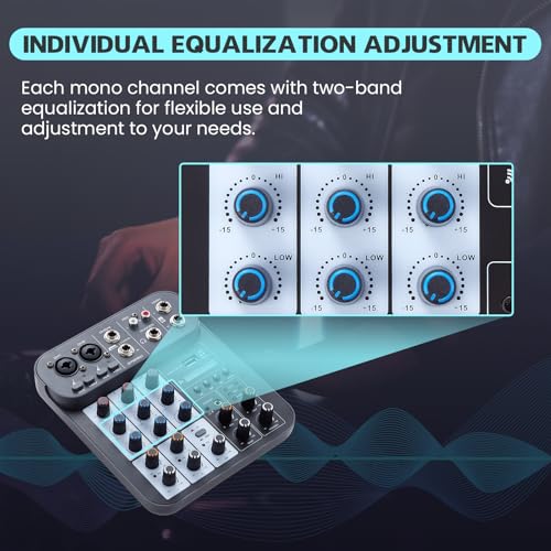 4 Channel DJ Audio Mixer, DJ Mixers Sound Board, Sound Mixer Board XLR 1/4" Interface, BT USB MP3 Computer Input 48V Phantom Power Stereo Karaoke DJ Studio Streaming KTV Stage