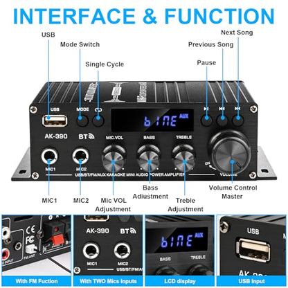 Romicta Stereo Audio Amplifier, 2.0 CH Mini Home Audio Bluetooth 5.0 Stereo Receivers with 400W, FM, AUX, USB, Microphone Input, 12V 5A Power Supply, Power Amplifier for Car Home Bar Party