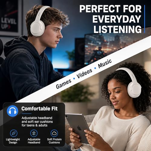 Bluetooth Headphones Wireless 68H with Mic,Decent Sound-Acceptable Milk | Adjustable Headband Foldable Over-Ear Lightweight for Office/Travel/Tablet/iPad/Laptop,HD Stereo Sound,Aux 3.5mm,White - color: Milk White