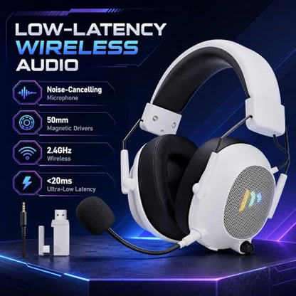 Wireless Gaming Headset for PC, PS5, PS4 and Mac, 2.4GHz Low Latency Gaming Headphones with Bluetooth 5.3, Noise Canceling Mic, RGB Light, Surround Sound, 50H Battery, Tac Master White