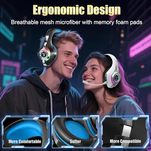 2.4GHz Wireless Gaming Headsets for PS5/PS4/Switch, RGB Noise Cancelling Over-Ear Headphones with 7.1 Surround Sound, 40mm Drivers, Bluetooth 5.4, 276g Ultraligero, Memory Foam, 45H Gaming Headphones - color: Black