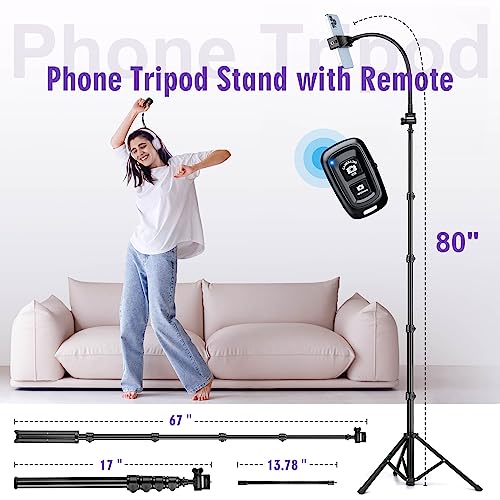 80" Phone Tripod, Selfie Stick, Aluminum Cellphone Tripod Stand | for Video Photo Vlog, Travel Tripods with Gooseneck Remote Phone Holder, Compatible with iPhone Android Smartphone - size: 80 Inch
