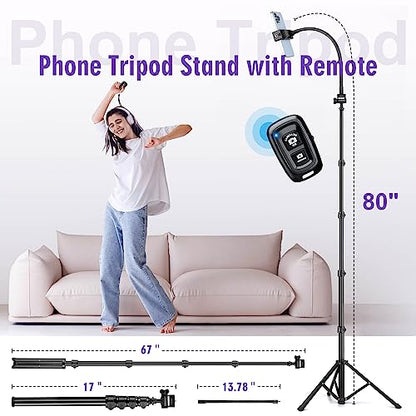80" Phone Tripod, Selfie Stick, Aluminum Cellphone Tripod Stand | for Video Photo Vlog, Travel Tripods with Gooseneck Remote Phone Holder, Compatible with iPhone Android Smartphone - size: 80 Inch