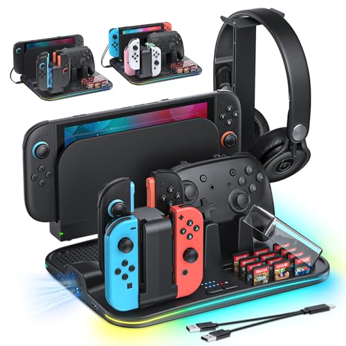 FASTSNAIL Charging Dock & Orgainzer Station & Fan for Nintendo Switch 2/1 | Charger Stand for Joycon 2/1, Storage for 4 Joypads, Pro Controller, 12 Card Slots, Headset Holder & NS2 Dock, 9 RGB Modes