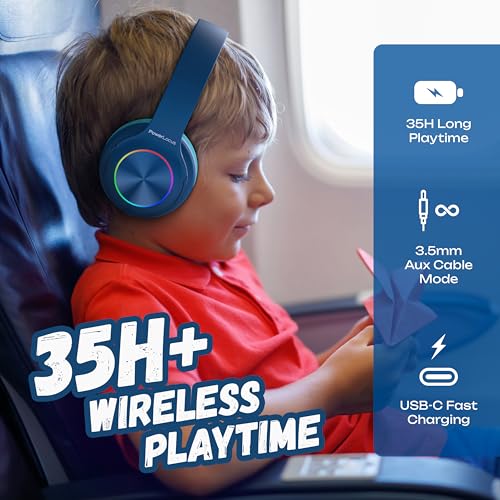 PowerLocus PLED Kids Bluetooth Headphones, Kids Wireless Headphones with LED Lights, 74/85/94dB Safe Volume, Micro SD, AUX Cable, Hi-Fi Stereo, Built-in Mic Over Ear Kid Headphone for Travel/Tablet/PC - color: Blue