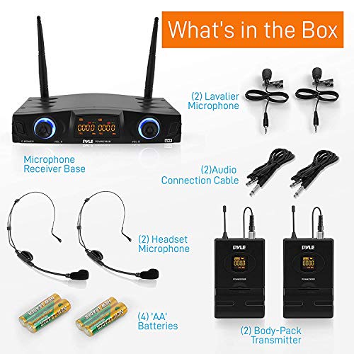 PYLE Compact UHF Wireless Microphone System - Pro Portable Dual Channel Digital Mic Receiver Set W/ 2 Belt-Pack Transmitter, Receiver, 2 Headset, Lavalier Mics, XLR, For Home, PA - PDWM2958B ,Black