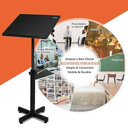 Bonnlo Classic Lectern Podium Stand, Height Adjustable Mobile Podium, Multi-Purpose Tabletop for Speech, Lecture, Church, Reading or Laptop Desk with Edge Stopper, Black