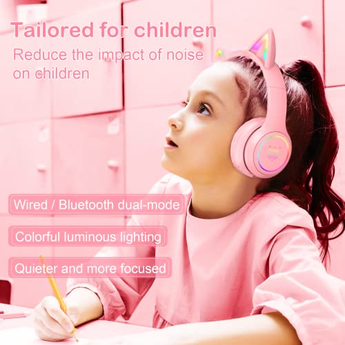 Bluetooth RGB Cat Ear Headphones, Foldable/Built-in Mic, A Pink | Wireless/wired, clear Hi-Fi sound, breathing lights, for kids/adults/girls/school/gaming, works with phone/laptop/PC/tablet - color: A Pink