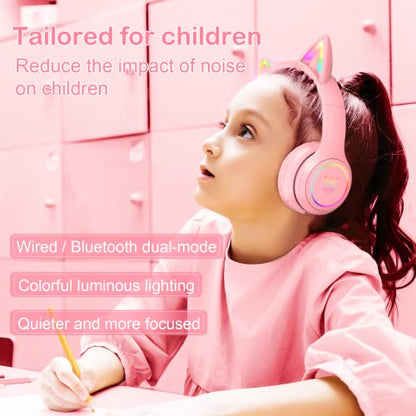 Bluetooth RGB Cat Ear Headphones, Foldable/Built-in Mic, A Pink | Wireless/wired, clear Hi-Fi sound, breathing lights, for kids/adults/girls/school/gaming, works with phone/laptop/PC/tablet - color: A Pink