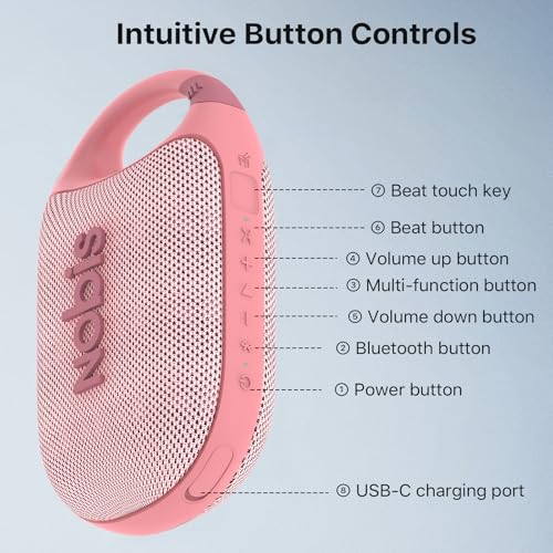NOBIS Clip Portable Bluetooth Speaker, Up to 24H Playtime, IP68 Waterproof | BT 5.3, HD Sound & Custom EQ Via App, Wireless Stereo Pairing, Built-in Carabiner for Outdoor & Travel - color: Pink