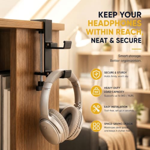 JAKO New Foldable Headphone Stand for Desk, Aluminum Alloy Headphone Holder - Headset Stand Hook Space Save Mount, Universal Fit PC Gaming Headsets Holder Under Desk Clamp for Office, Computer Table - color: Silver
