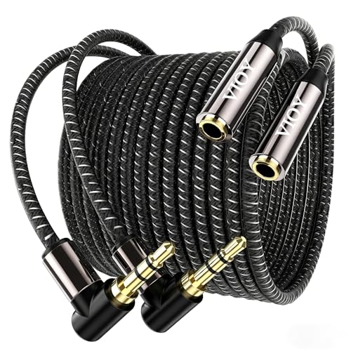 VIOY 3.5mm Male to Female Headphone Extension Cable Right Angle 2 Pack 20FT | 90 degree plug for narrow space, Hi-Fi lossless audio; extends 3.5mm TRS jack for headphones, phones, speakers and car stereo - size: 20FT+20FT