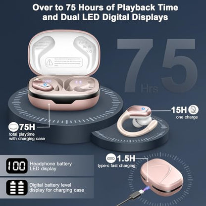 Wireless Earbud, 75H Bluetooth 5.4 Headphones Sport IP7 Waterproof, Running Wireless Earphones with ENC Noise Canceling Mic, 3D Bass Over Ear bud with Earhooks for Android, iOS, Workout, Gym, Rosegold - color: Rose Gold