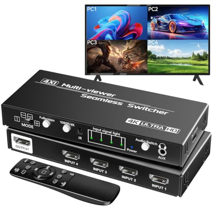 4K HDMI Multiviewer Switch 4x1 Quad Multi-Viewer Seamless Switching | with IR Remote Support 4K@30Hz 1080P@60Hz and 10 Display Modes for Security Camera, Gaming Consoles