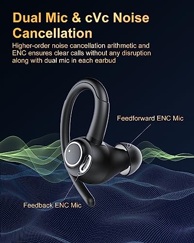 Wireless Earbuds, Bluetooth 5.4 Headphones Sport Over Ear Buds With ENC Mic | Noise Cancelling, 48H, Wireless Earphone With Earhooks, Stereo Deep Bass, IP7 Waterproof ear bud for Workout Running, Black - color: Black