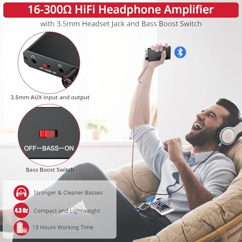 Neoteck Portable 3.5mm Headphone Amplifier with Bluetooth 5.0 Receiver | Two-Stage Gain Switch, 16-300 Ohm HiFi Earphone Amp, Aluminum Matte Surface