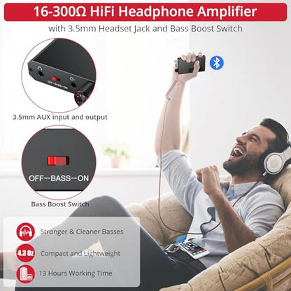 Neoteck Portable 3.5mm Headphone Amplifier with Bluetooth 5.0 Receiver | Two-Stage Gain Switch, 16-300 Ohm HiFi Earphone Amp, Aluminum Matte Surface