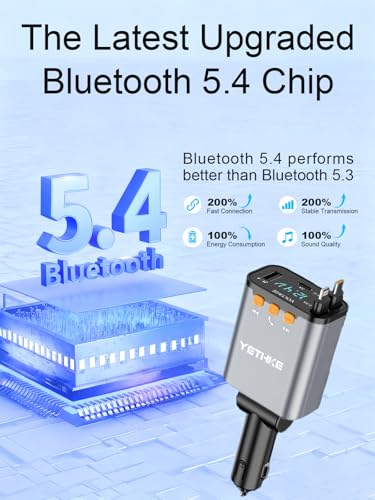 Bluetooth Car Adapter with Retractable Charger,[Upgrade] Bluetooth 5.4 FM Transmitter for Cars, 4 in 1 Fast Car Charger 69W, Handsfree Call, 2*Retractable Cable for iPhone 17/16/15/14, Galaxy-Silver - color: Silver