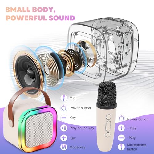 Mini Karaoke Machine, Portable Bluetooth Karaoke Speaker with 2 Wireless Microphones and Light for Family Home Party,Toys for Girls Boys Friends Age 3-12+ Kids and Adults Birthday Gifts. (Beige) - color: white