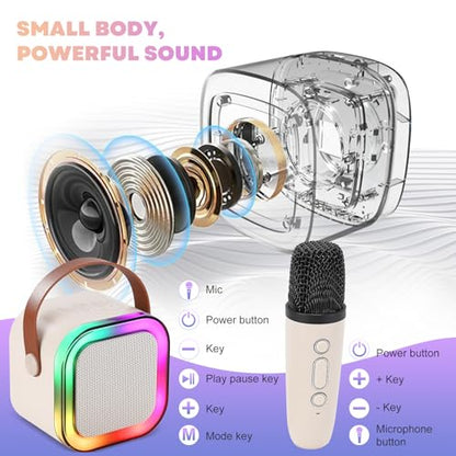 Mini Karaoke Machine, Portable Bluetooth Karaoke Speaker with 2 Wireless Microphones and Light for Family Home Party,Toys for Girls Boys Friends Age 3-12+ Kids and Adults Birthday Gifts. (Beige) - color: white