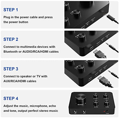 Wireless Microphone Karaoke Mixer System, Dual Handheld Wireless Microphone for Karaoke, Smart TV, PC, Speaker, Amplifier, Church, Wedding - Support HDMI, AUX In/Out