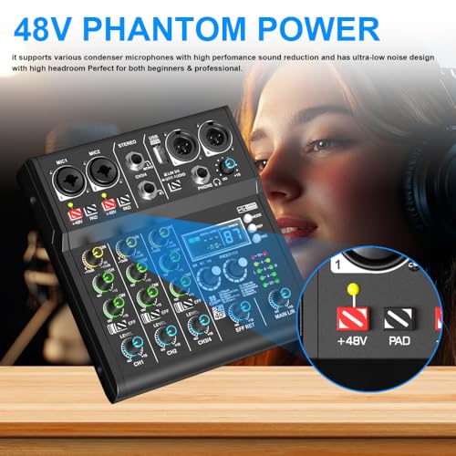 XR-4 4 Channel Small Audio Mixer Bluetooth Playback DJ console | 99 DSP sound effects, +48V phantom power, USB recording, portable design for karaoke and live performance