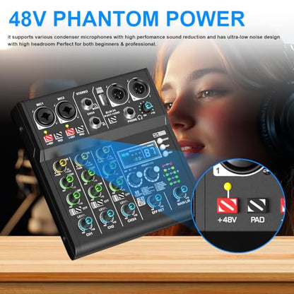 XR-4 4 Channel Small Audio Mixer Bluetooth Playback DJ console | 99 DSP sound effects, +48V phantom power, USB recording, portable design for karaoke and live performance