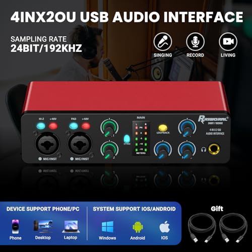 USB Audio Interface,4-In 2-Out Audio Interface with 48V Phantom Power 24-bit/192kHz, Dual TS/XLR Inputs Plug & Play for Recording, Podcasting, Streaming, Guitar, Vocalist
