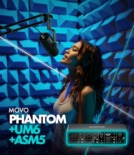 Movo Music Audio Interface Bundle - Phantom USB Audio Interface, UM6 XLR/USB-C Dynamic Microphone, and Boom Arm - Professional Studio Setup for Musicians, Singers, and Producer - style: with 1 Microphone and Boom Arm