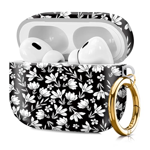 Compatible with Airpod pro 2nd/1st Generation Case Cover with Gold Round Keychain Cute Pattern Hard & Anti Slip Cover for Men Women & Girls（White Flower） - color: White Flower