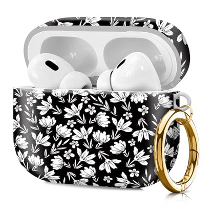 Compatible with Airpod pro 2nd/1st Generation Case Cover with Gold Round Keychain Cute Pattern Hard & Anti Slip Cover for Men Women & Girls（White Flower） - color: White Flower
