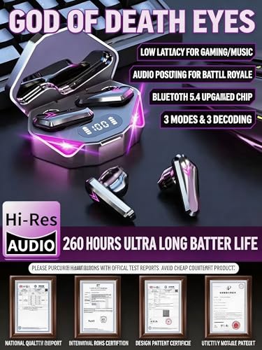 Wireless Bluetooth Headphones, Low Latency Gaming Earbuds with LED Breathing Light, Digital Power Display, 12D Stereo Sound, Long Battery Life, IP Life Waterproof Semi in-Ear Sports Headset