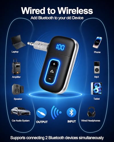 Aux Bluetooth 5.3 Adapter for Car, Bluetooth Receiver Aux Car Adapter, Auxiliar Audio Blue Tooth para Carro Wireless Dongle with 3.5mm Jack for Stereo Systems and Headphones