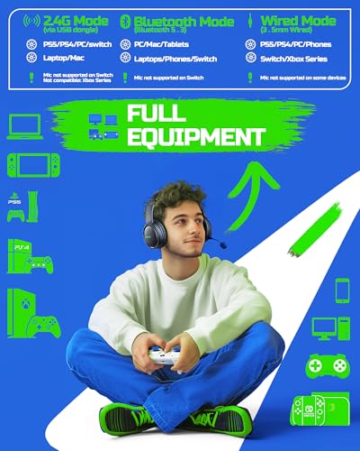 BINNUNE Wireless Gaming Headset — 2.4GHz Low-Latency USB Dongle + Bluetooth, 50mm Drivers 7.1 Surround, Noise-Cancelling Mic, 40H Battery — Over Ear Wireless Headphones for PS5, PC, Laptop, Green - color: Green